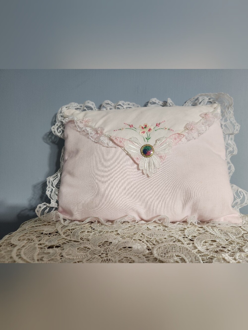 Pink/White Boudoir Bed Pillow, Decorative, Rectangular Lace Trim Embroidered Vtg